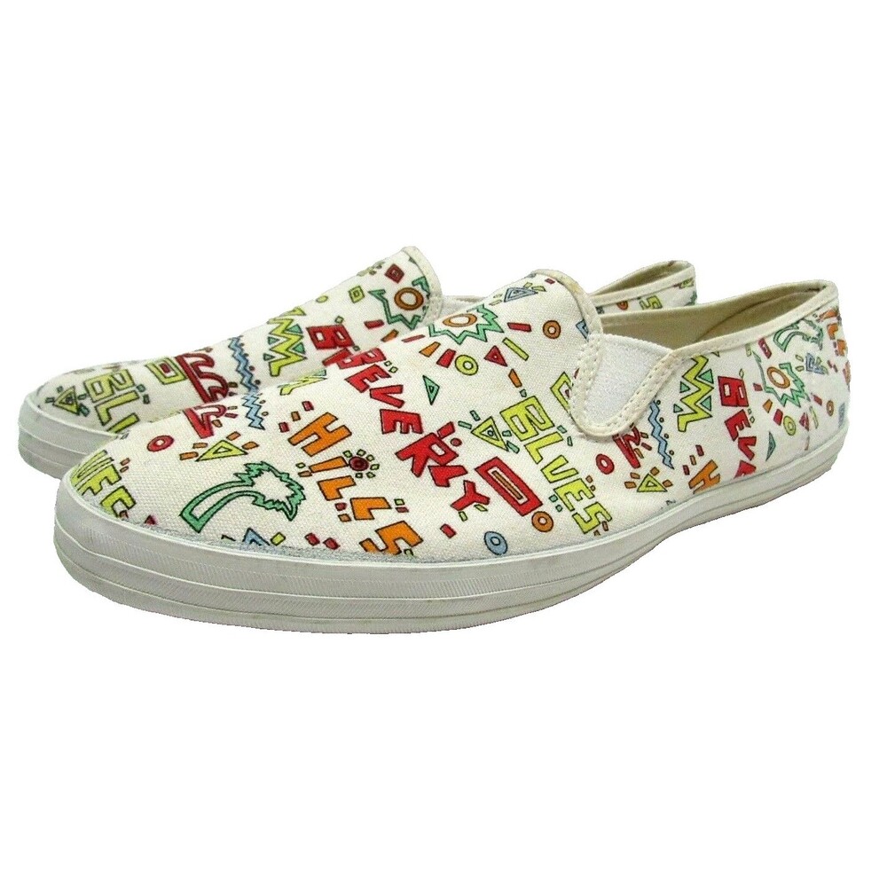 Y2K Slip on Shoes Womens Size 10 Loafers Spellout Graffiti Beverly Hills Blues
